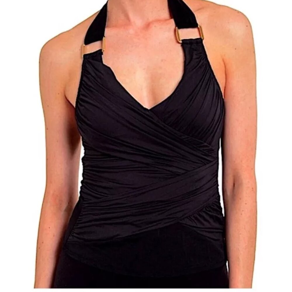 SPANX Tankini Halter Swimsuit Top Size 8 Black Ruched Slimming Shapewear